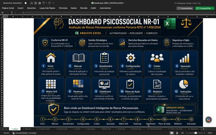 Tela inicial da planilha com os doze módulos numerados