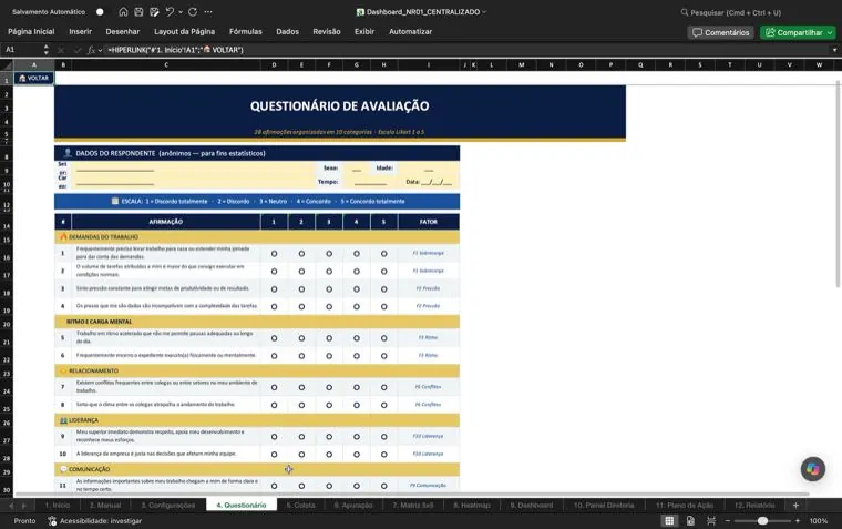 Tela do questionário