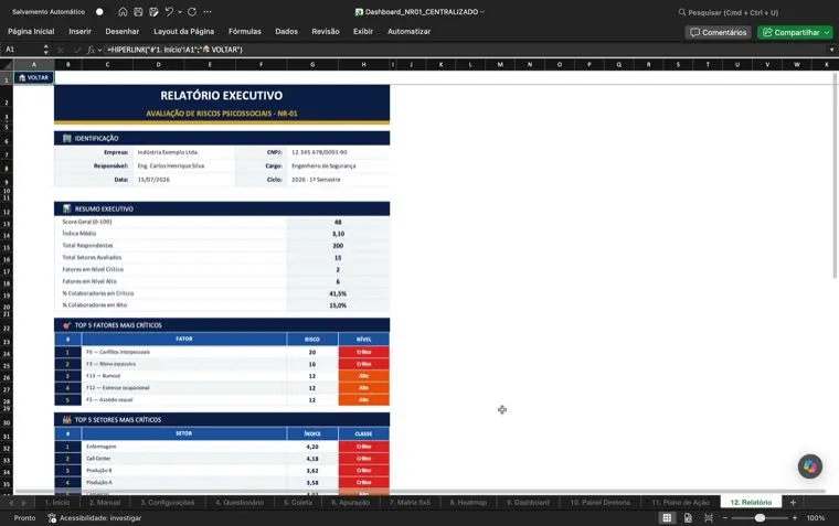 Relatório executivo com resumo e os cinco fatores e setores mais críticos